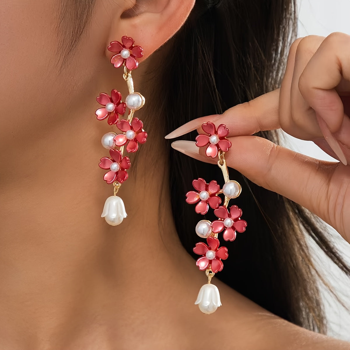 Floral Drop Earrings – Alloy Flower & Faux Pearl Long Dangle Earrings, Multi-Color