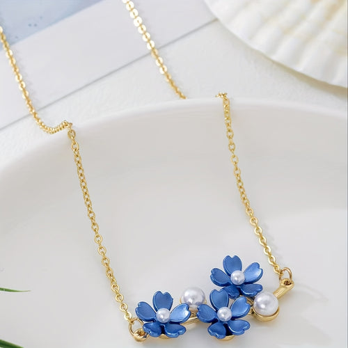 Floral Pendant Necklace – Alloy Resin Flower & Faux Pearl Geometric Necklace, Multi-Color