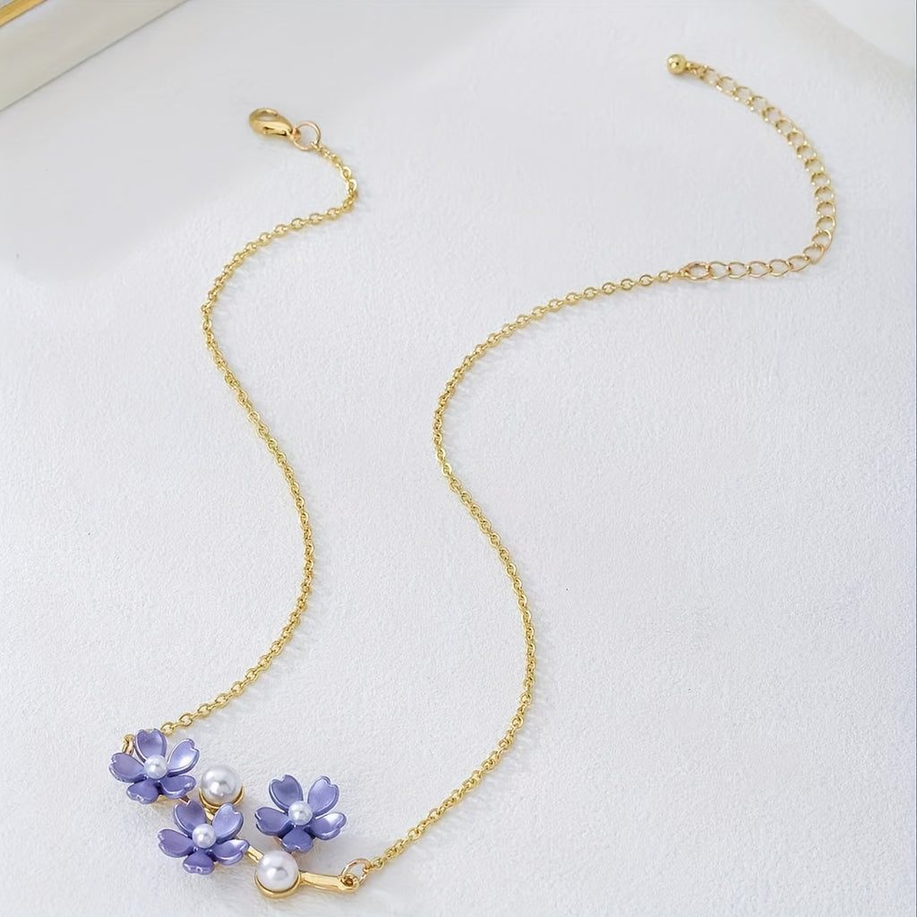 Floral Pendant Necklace – Alloy Resin Flower & Faux Pearl Geometric Necklace, Multi-Color