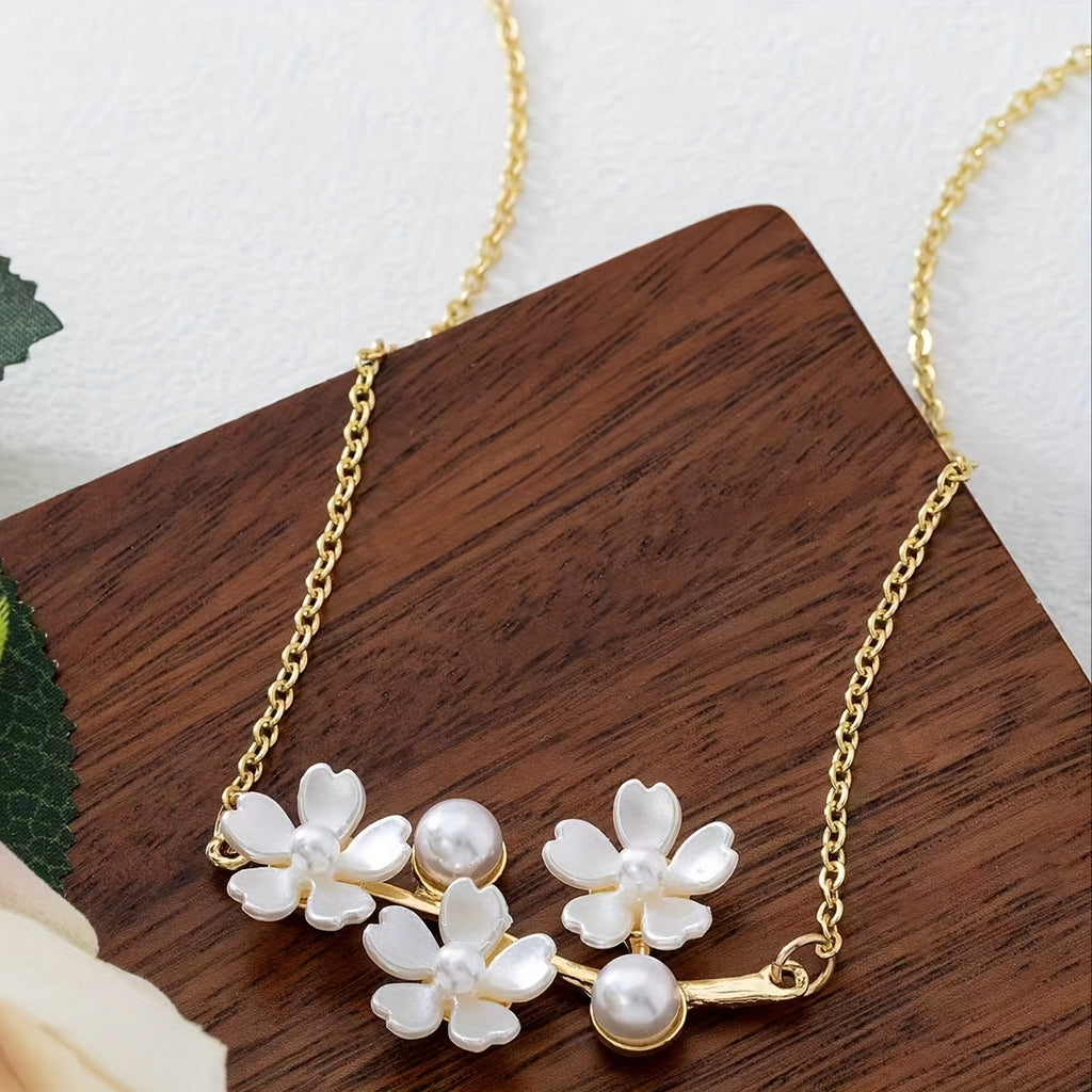 Floral Pendant Necklace – Alloy Resin Flower & Faux Pearl Geometric Necklace, Multi-Color