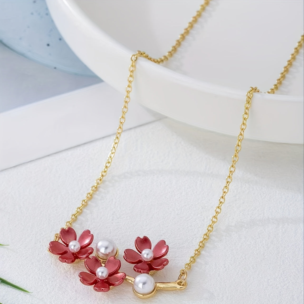 Floral Pendant Necklace – Alloy Resin Flower & Faux Pearl Geometric Necklace, Multi-Color