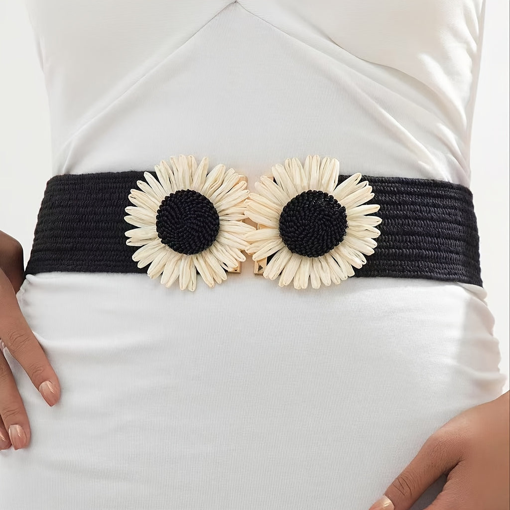 Simia Vacation Sunflower Elastic Belt – Woven Straw Waist Belt for Women