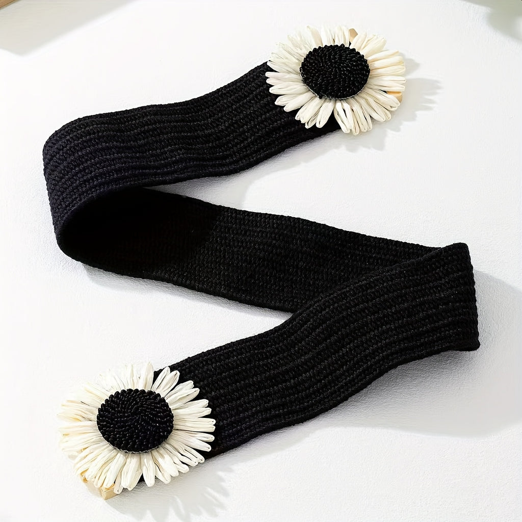 Simia Vacation Sunflower Elastic Belt – Woven Straw Waist Belt for Women