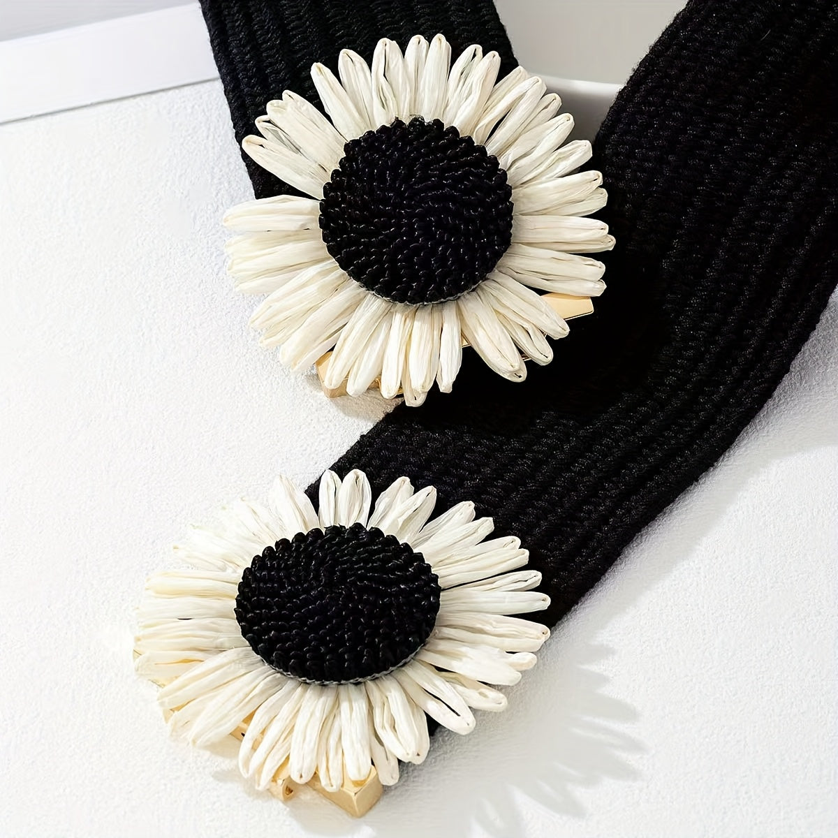 Simia Vacation Sunflower Elastic Belt – Woven Straw Waist Belt for Women