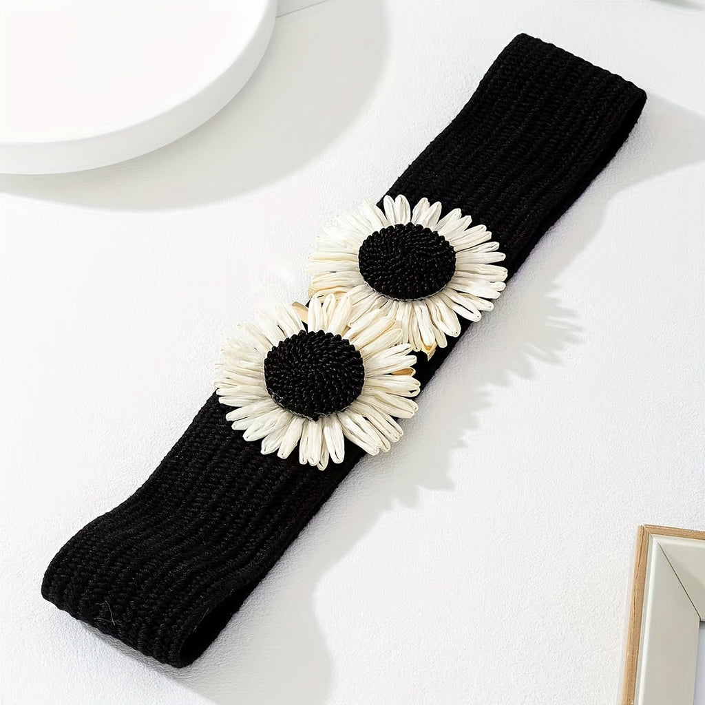 Simia Vacation Sunflower Elastic Belt – Woven Straw Waist Belt for Women