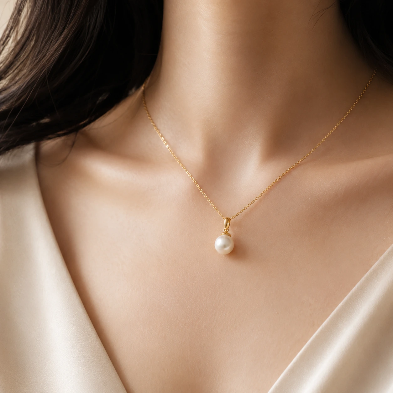 Pearl pendant necklace worn by model