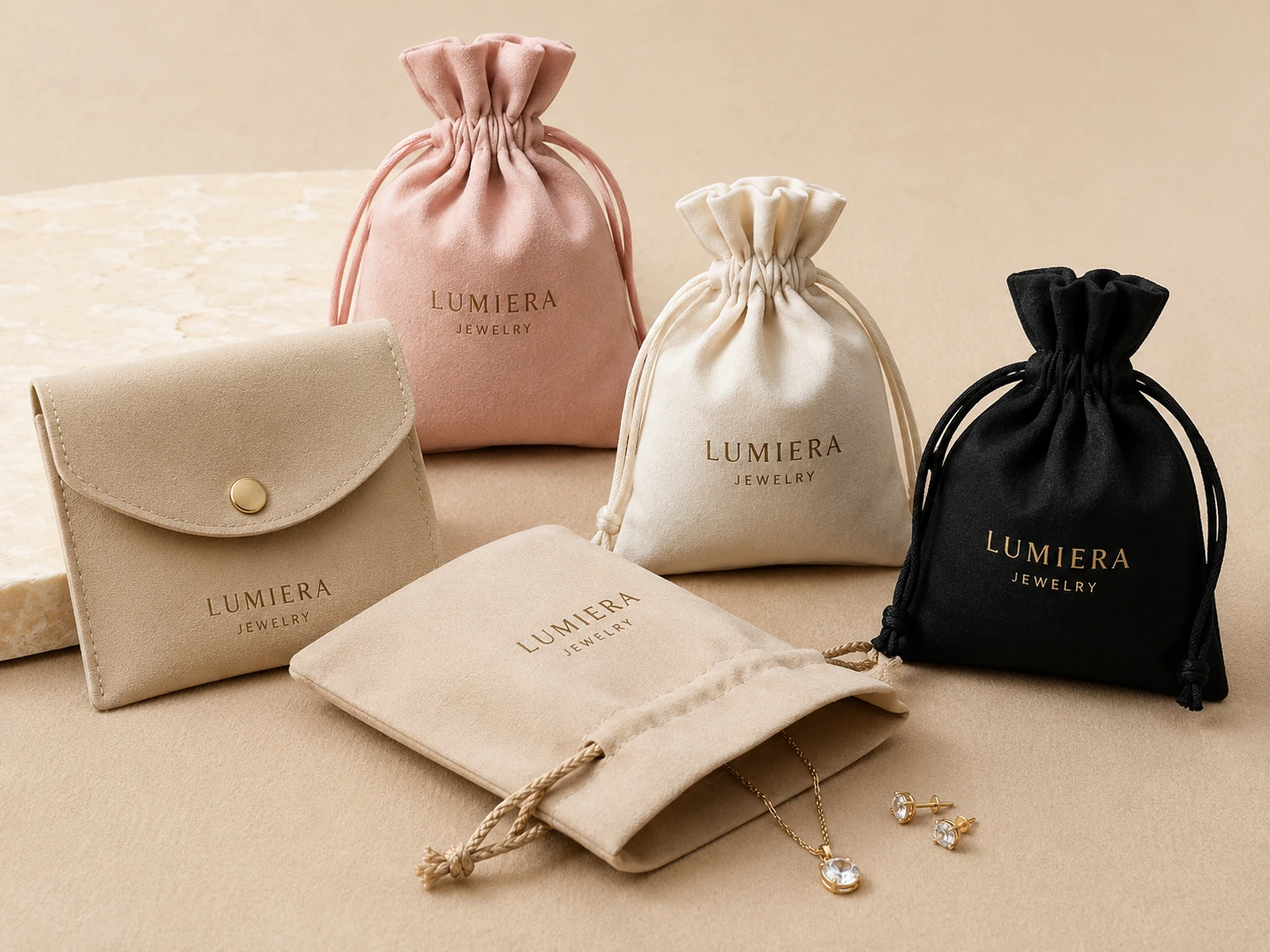 Custom jewelry pouches and soft bags with printed logo for small brands