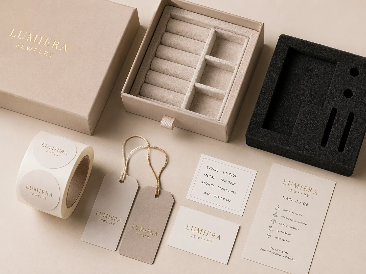 Jewelry packaging inserts labels stickers tags and care cards for private label jewelry