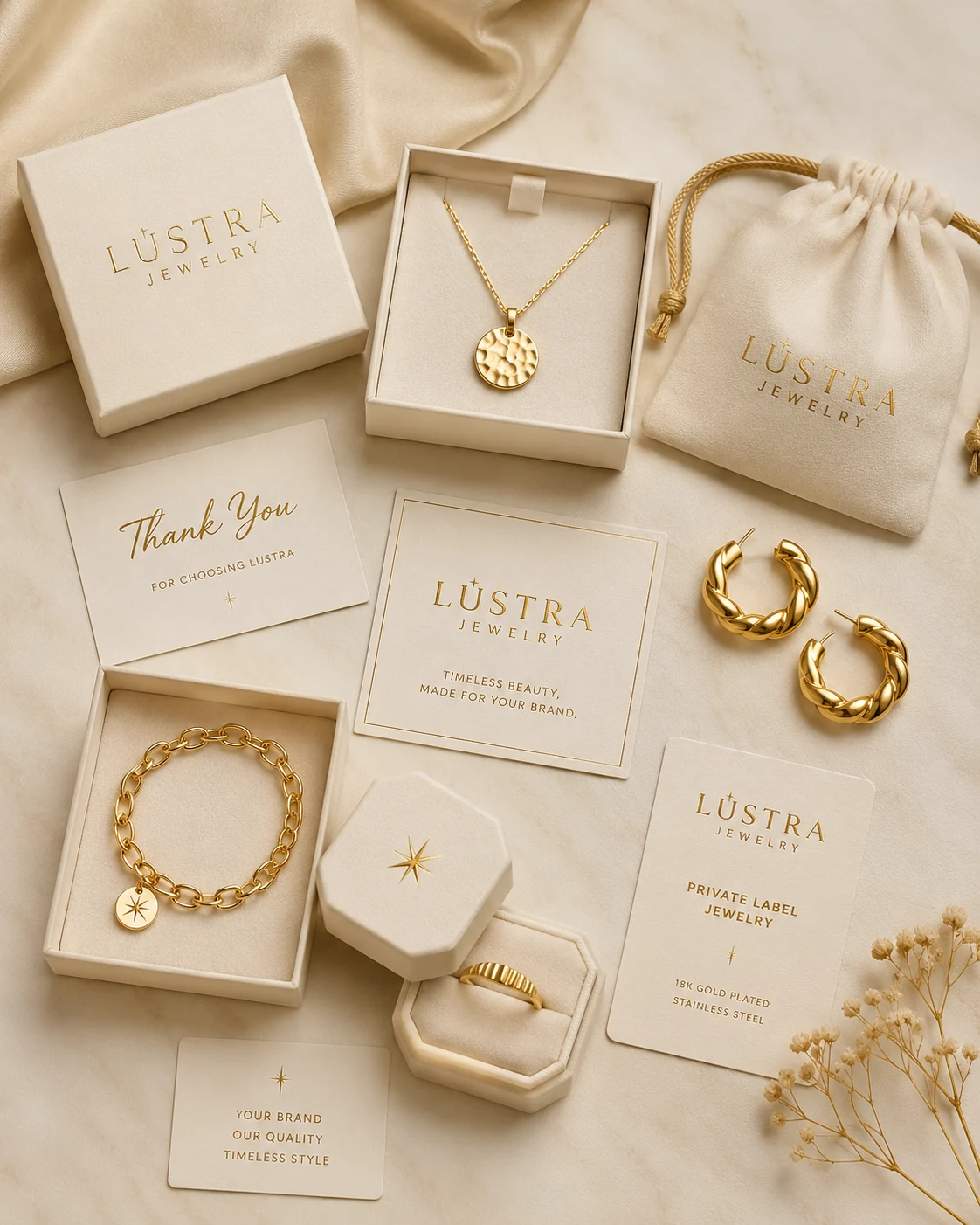 Private label jewelry sample kit with branded packaging and stainless steel jewelry styles