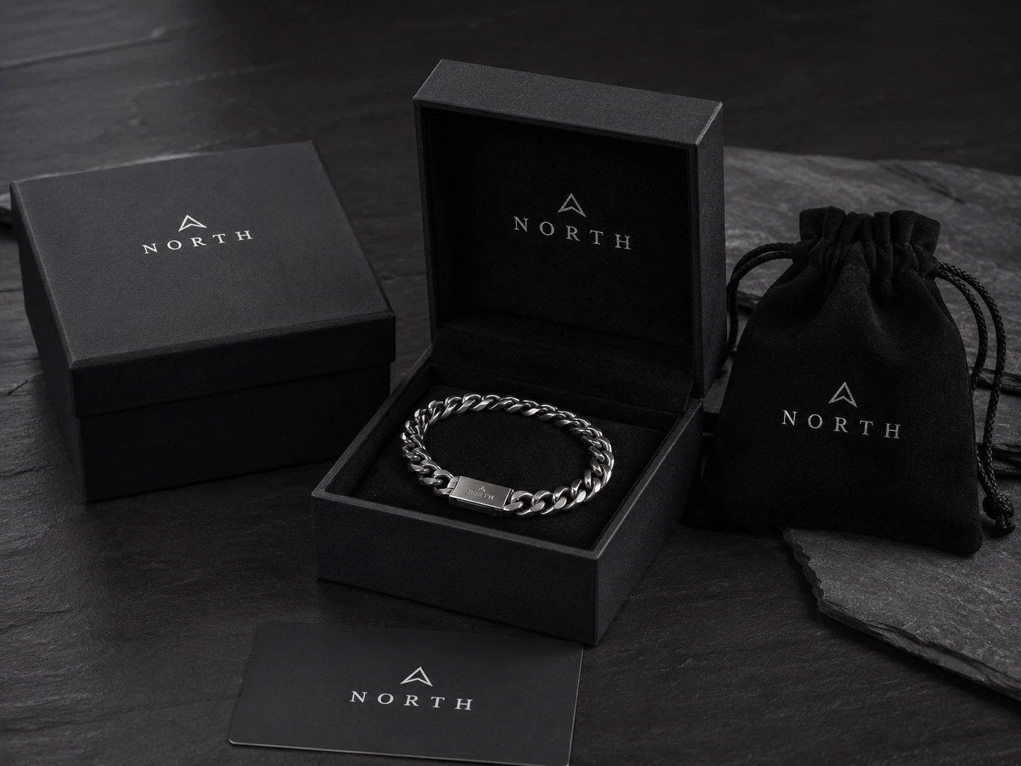 Custom branded men's jewelry packaging with black box pouch and bracelet display