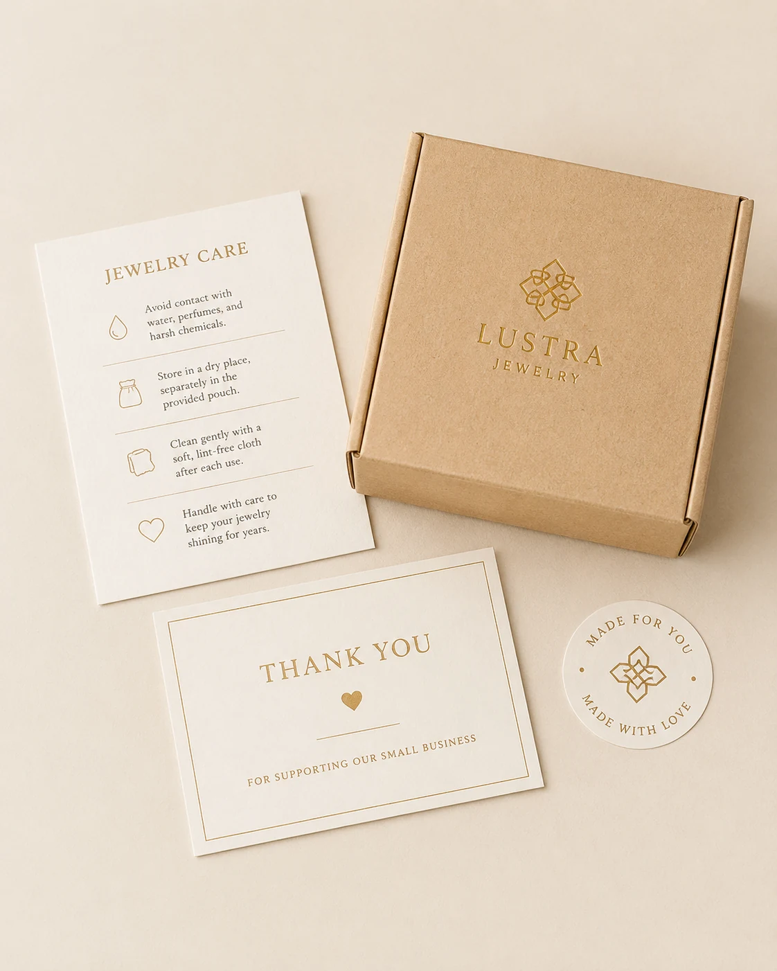Jewelry care card thank you card sticker and shipping box for private label packaging