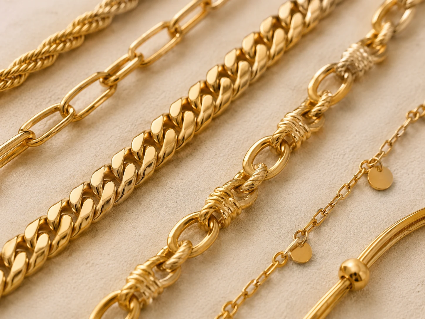 Close up of gold chains and jewelry materials on a soft beige background