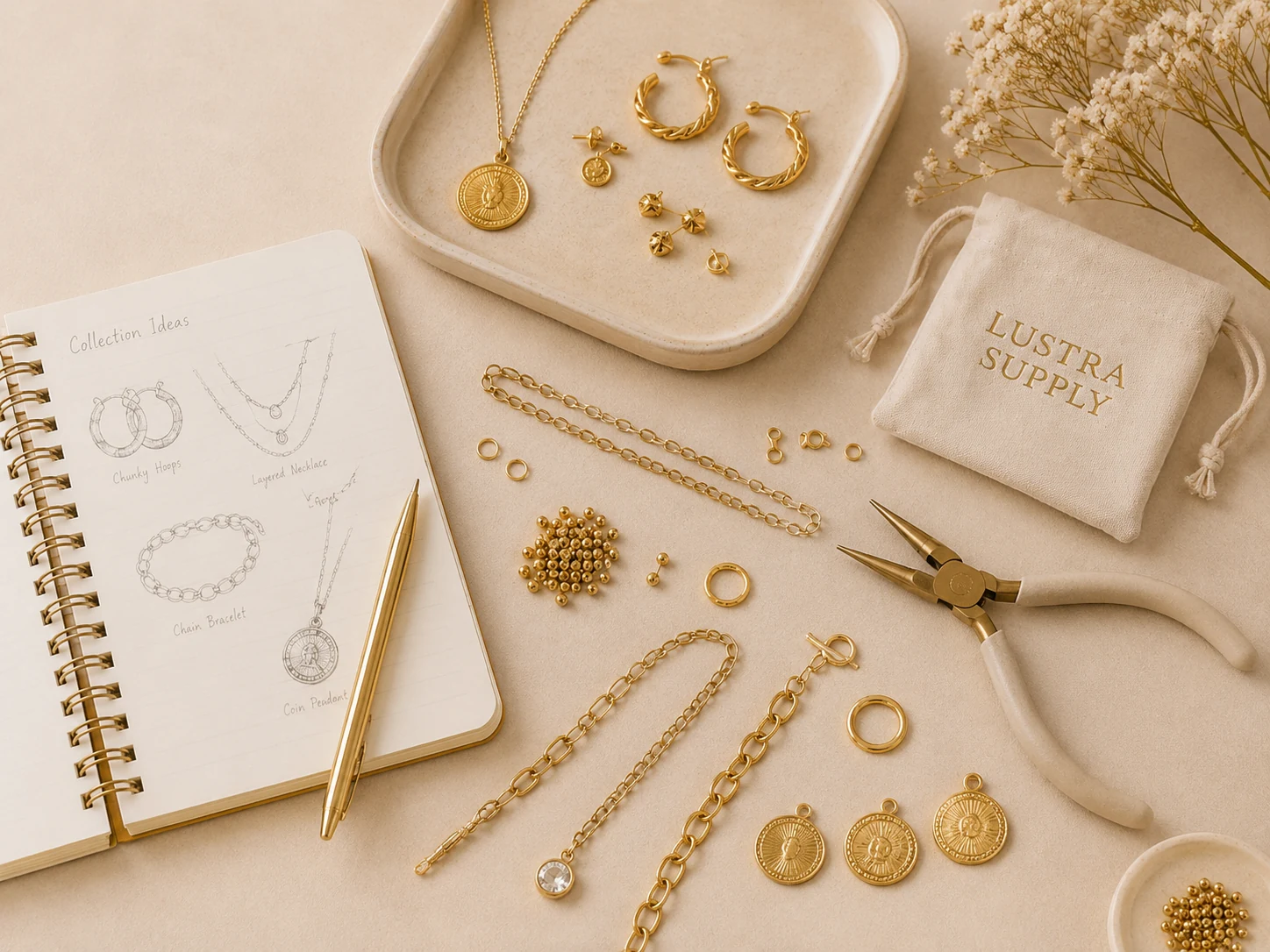 Jewelry components, sketches, tools, and gold findings for collection development