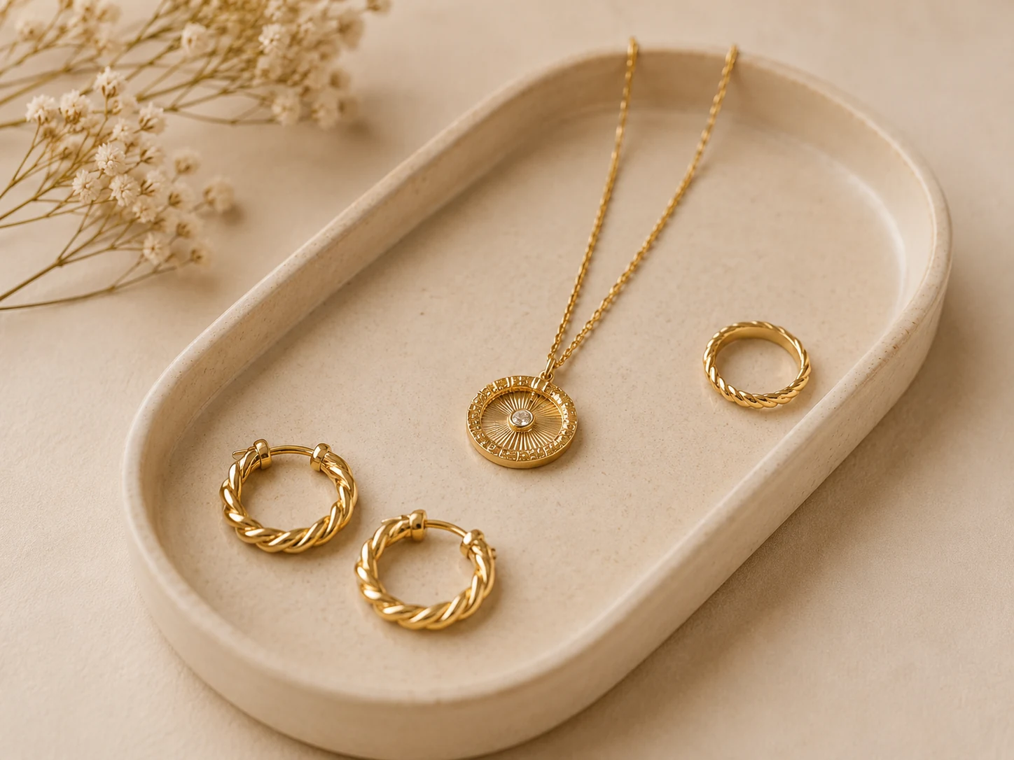 Gold jewelry samples arranged on a cream tray for jewelry manufacturer sourcing