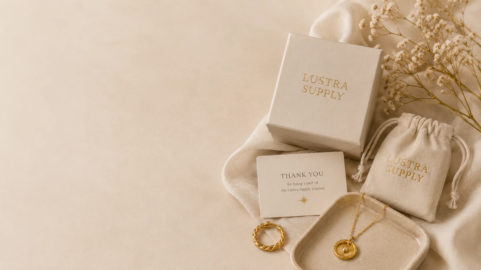 Branded jewelry packaging, pouch, thank you card, and gold jewelry for starting a jewelry line