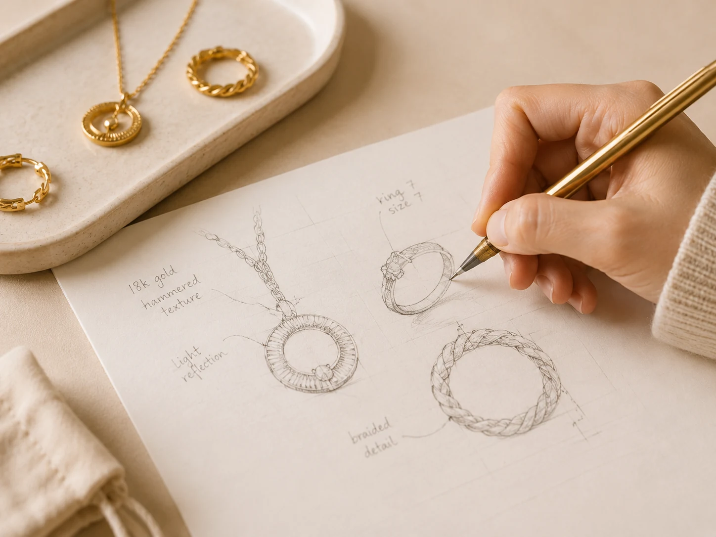 Jewelry design drawing with gold samples showing the manufacturing process