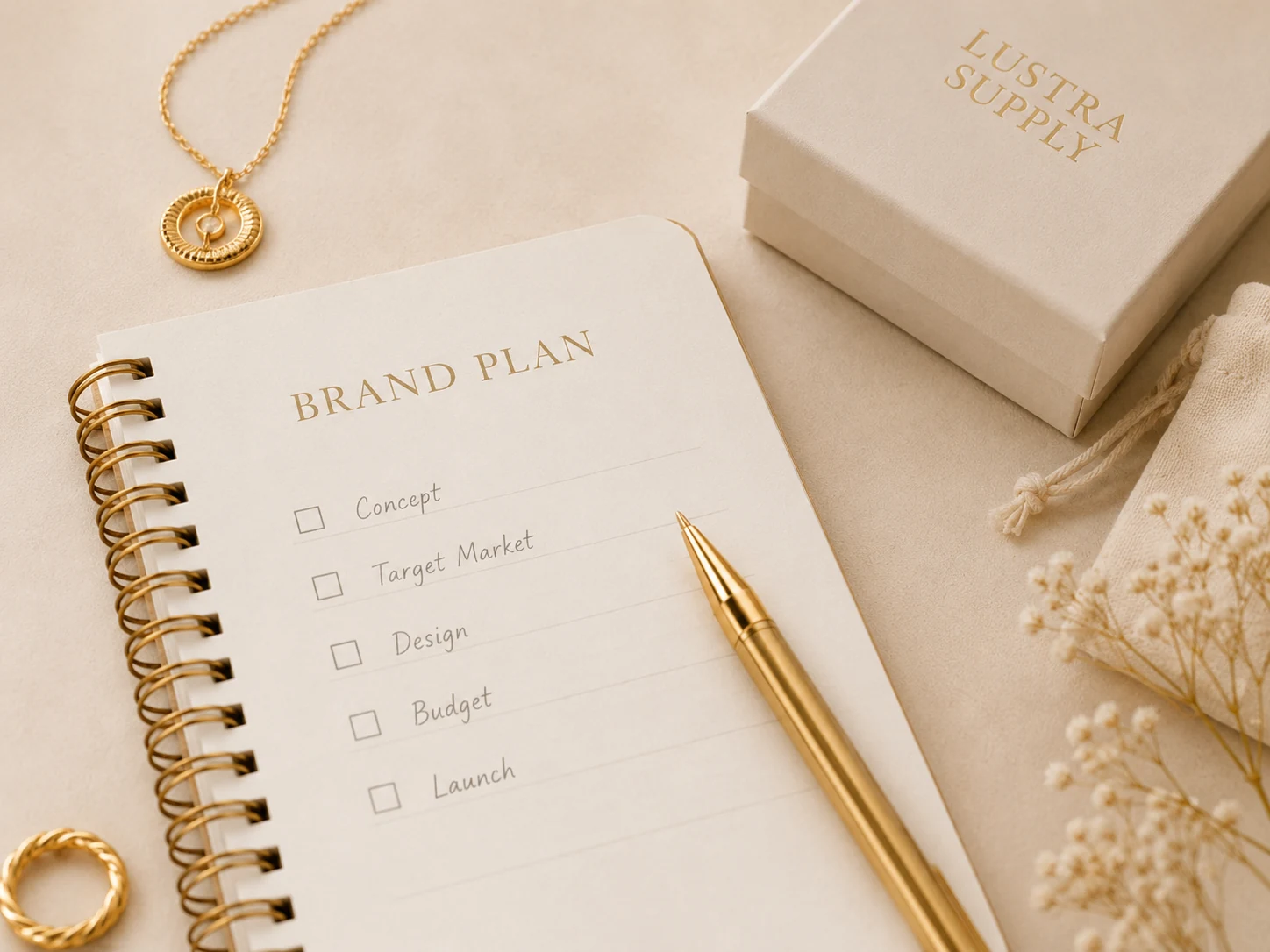 Brand plan notebook with jewelry packaging and gold jewelry for small brands