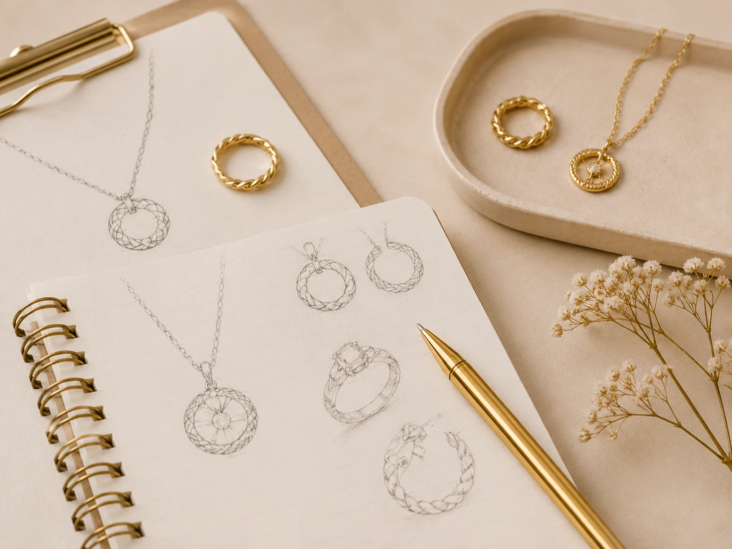 Jewelry design sketches and planning notebook for starting a private label jewelry brand