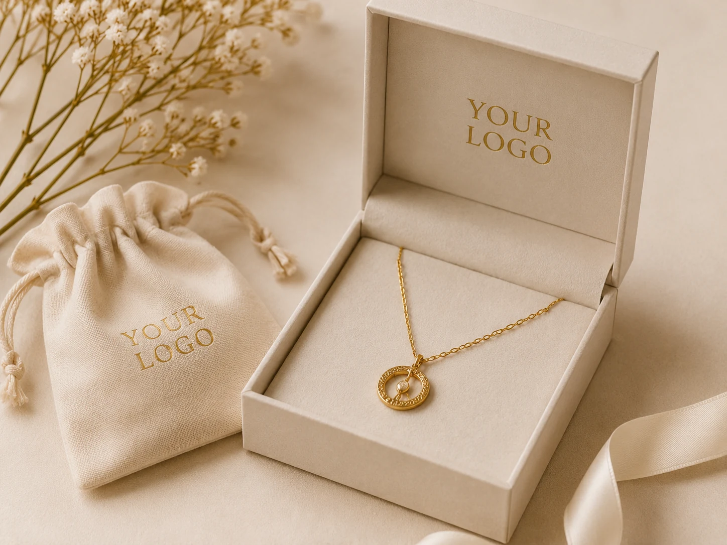 Private label jewelry box and branded pouch with custom logo packaging