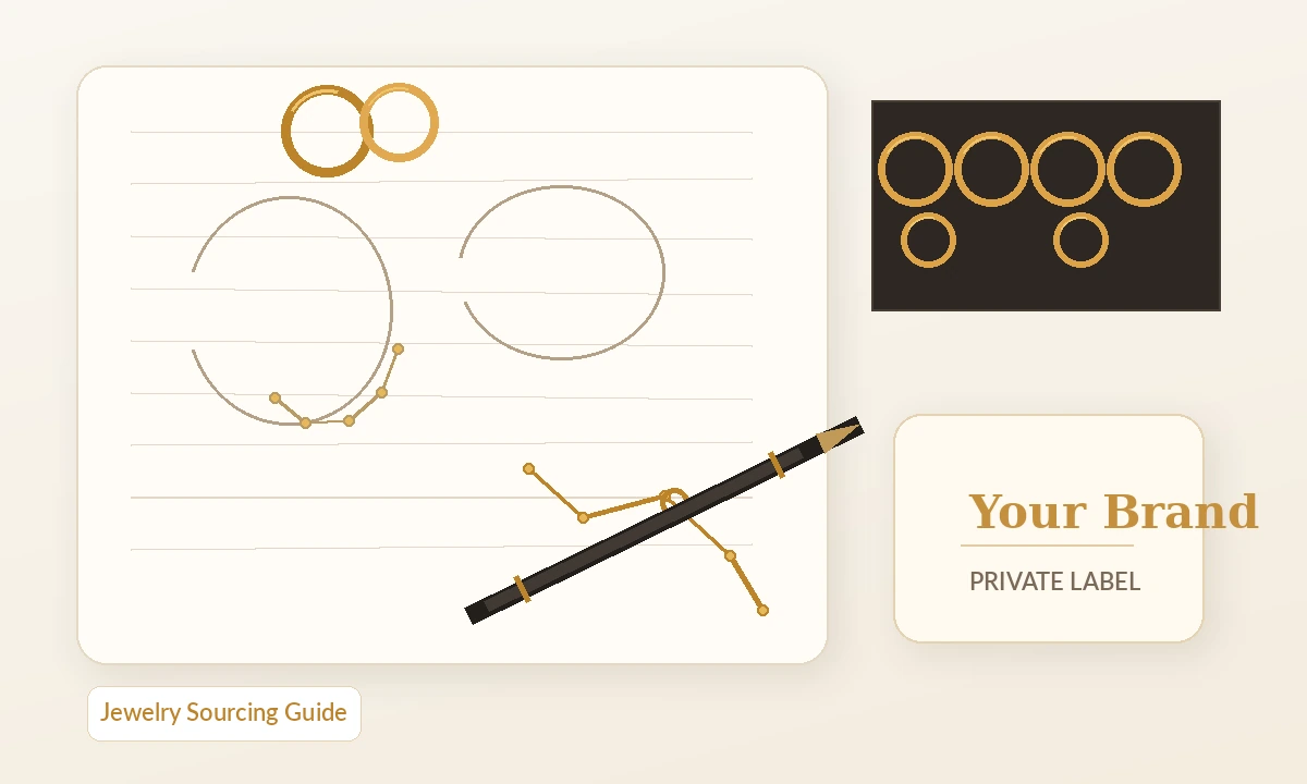Jewelry sourcing workspace with sketches, rings, necklace samples, and production notes