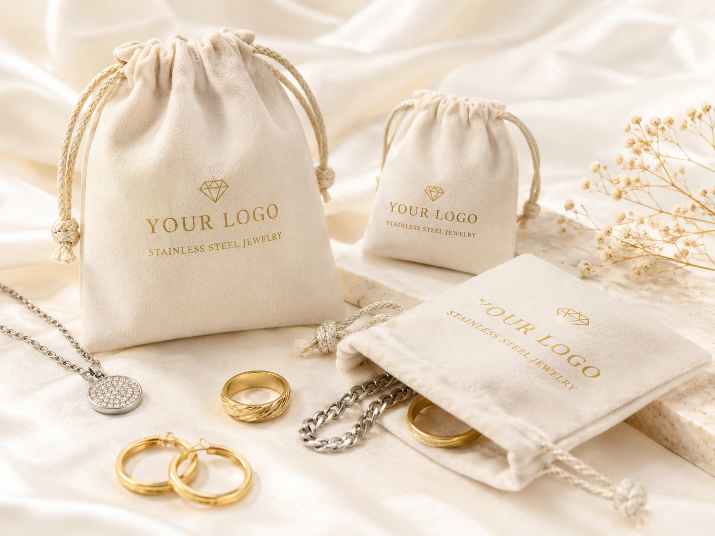 logo jewelry pouches for stainless steel jewelry