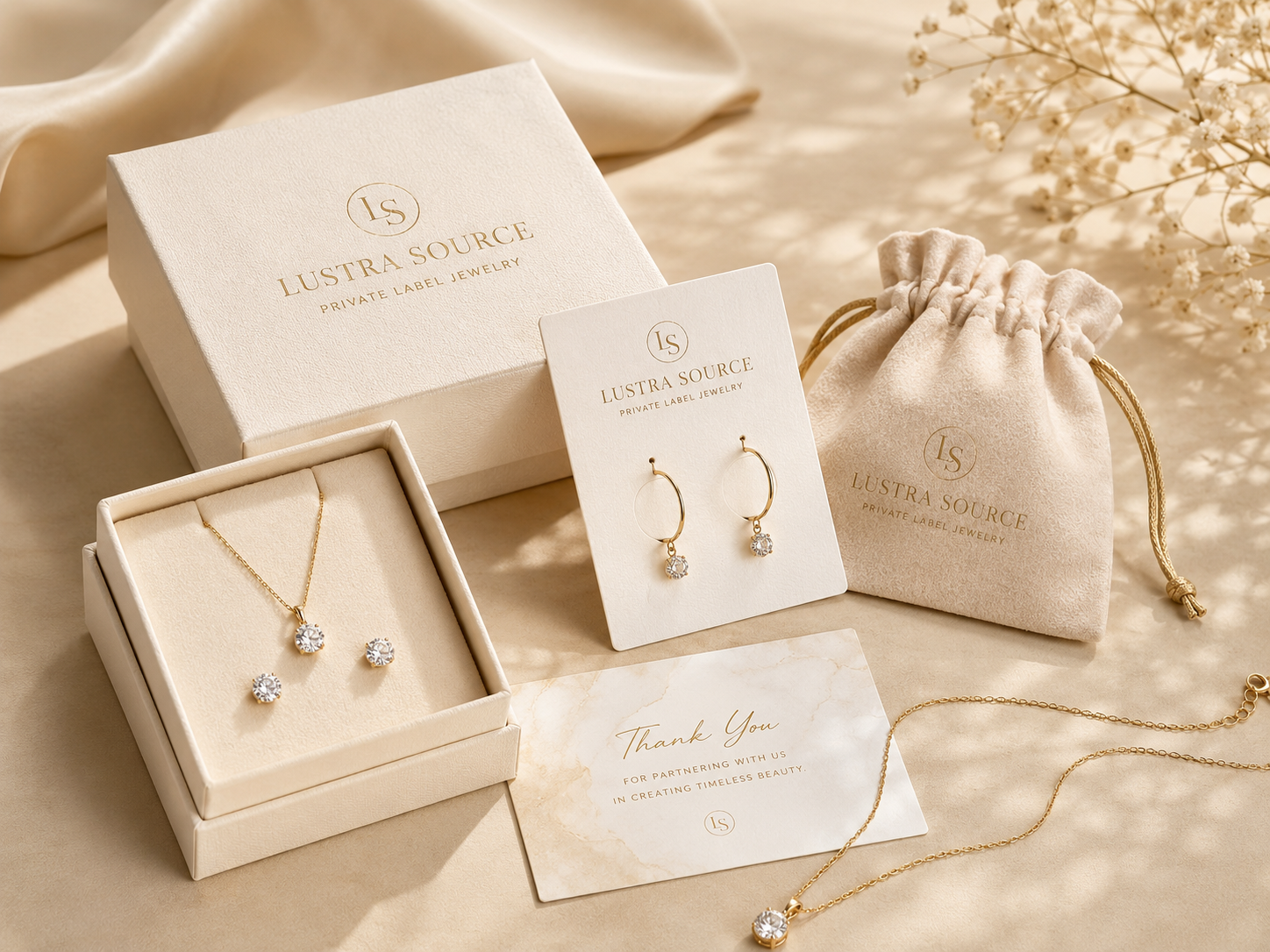 Branded jewelry packaging set with box pouch jewelry card and inserts