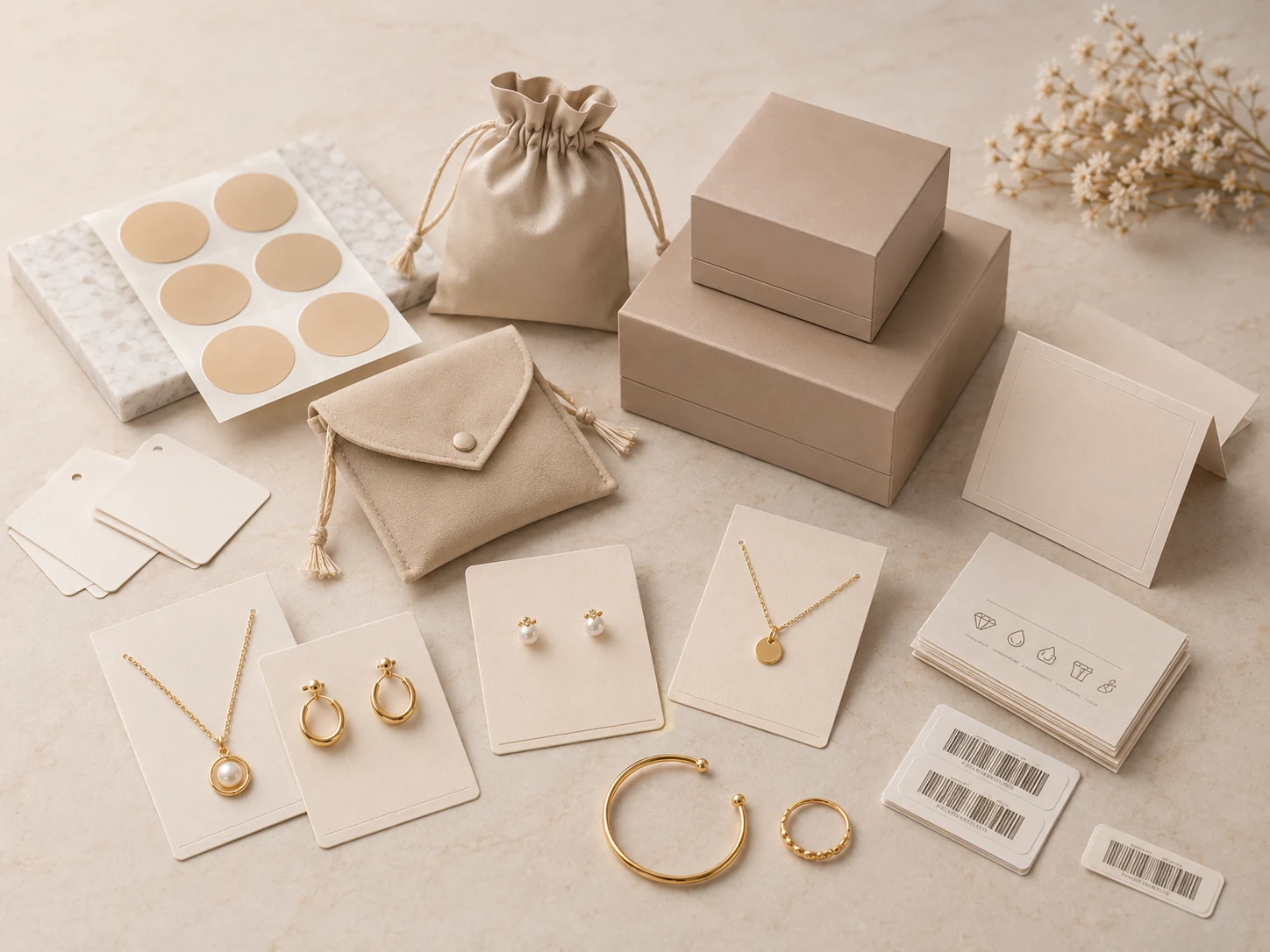 Private label jewelry packaging with cards boxes pouches and barcode labels