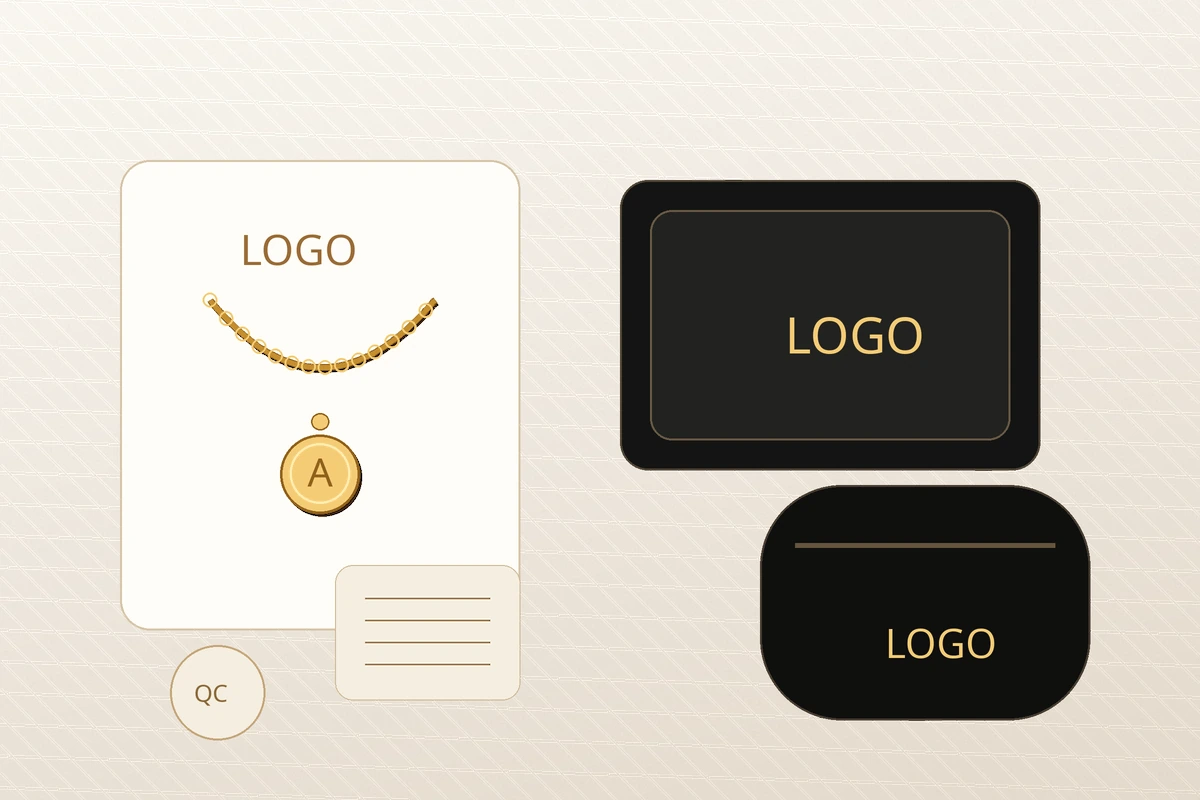 Private label necklace packaging with custom logo boxes, pouches and jewelry cards