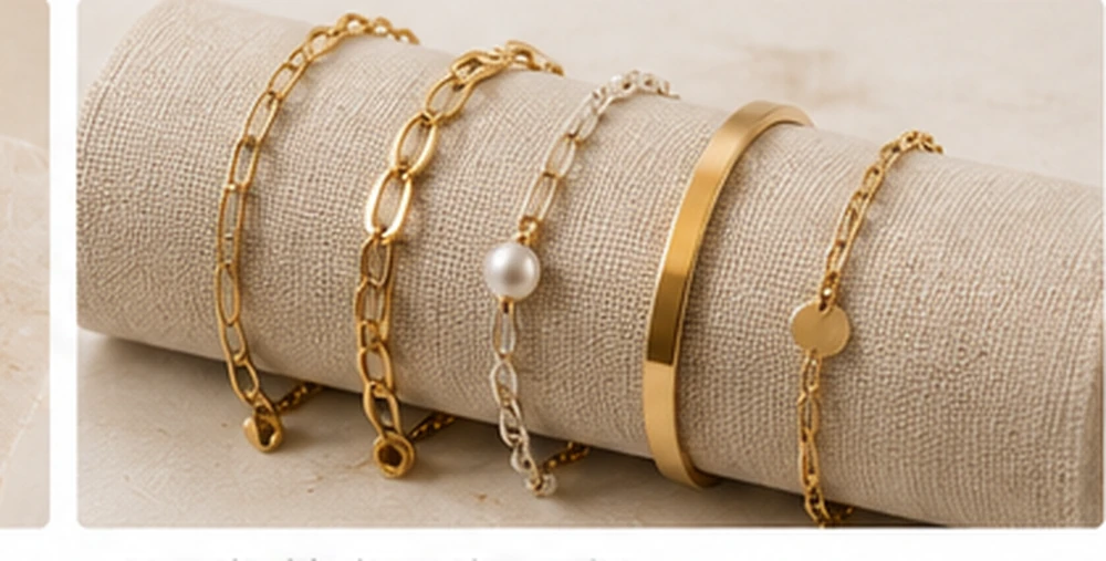 Bracelet sample collection with chains, bangles and pearl accents