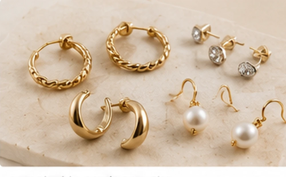 Earring sample collection including hoops, studs, drops and pearl earrings