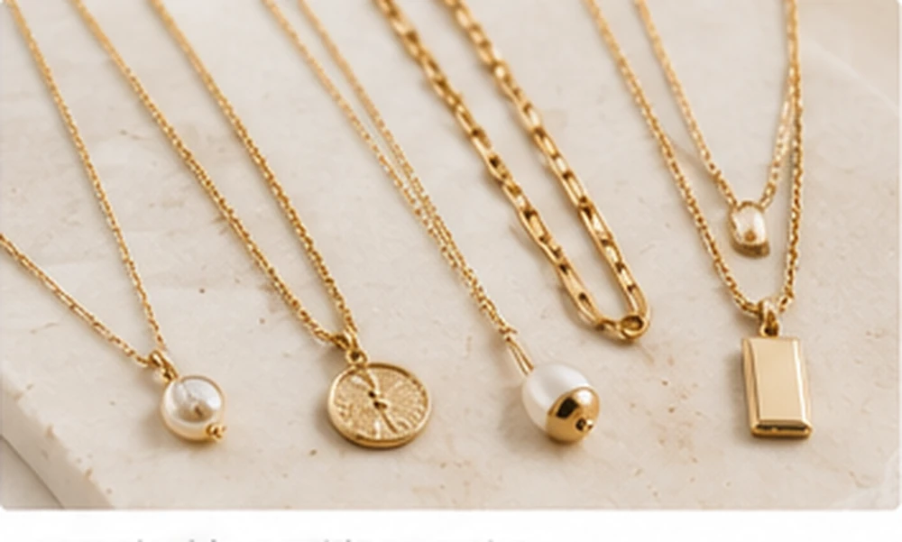 Necklace sample collection with different chain styles and pendants