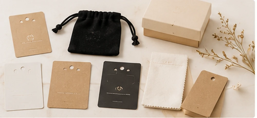 Jewelry cards and packaging materials including pouches, tags and boxes