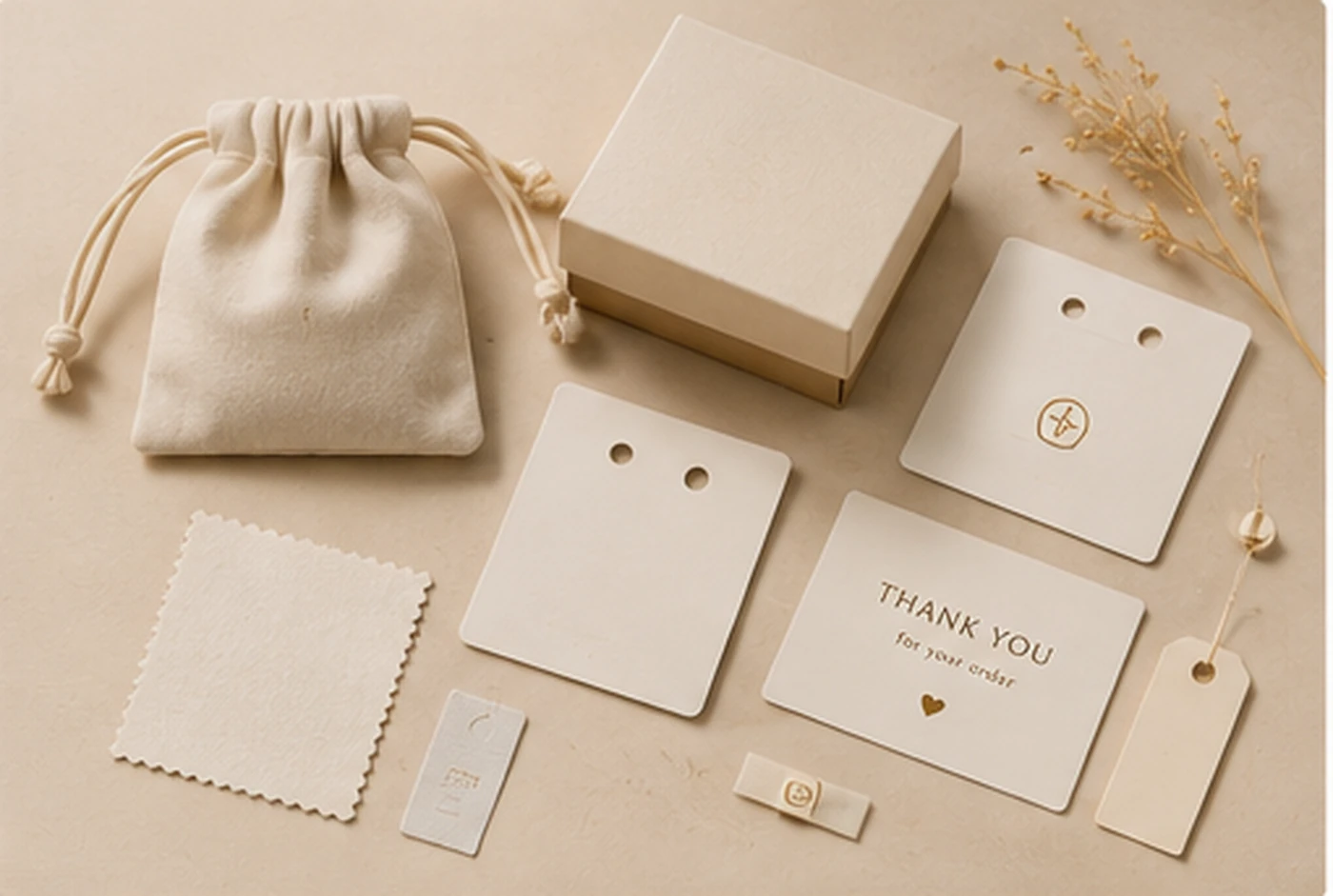 Jewelry packaging samples including box, pouch, cards, tags, labels and thank you card