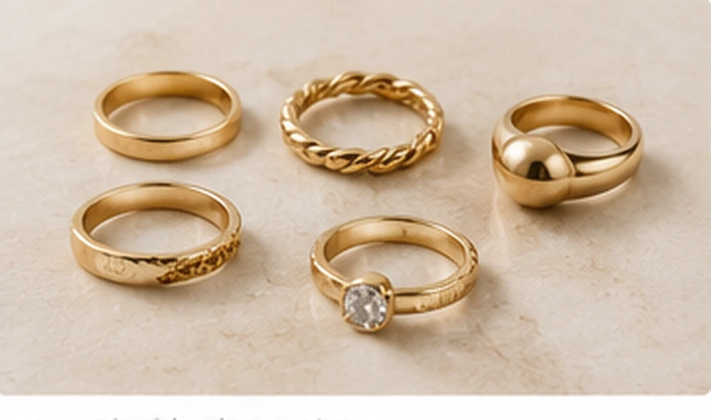 Ring sample collection with stacking rings, statement rings and stone accents