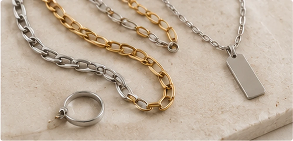 Stainless steel jewelry samples including chains, bracelets, rings and pendant