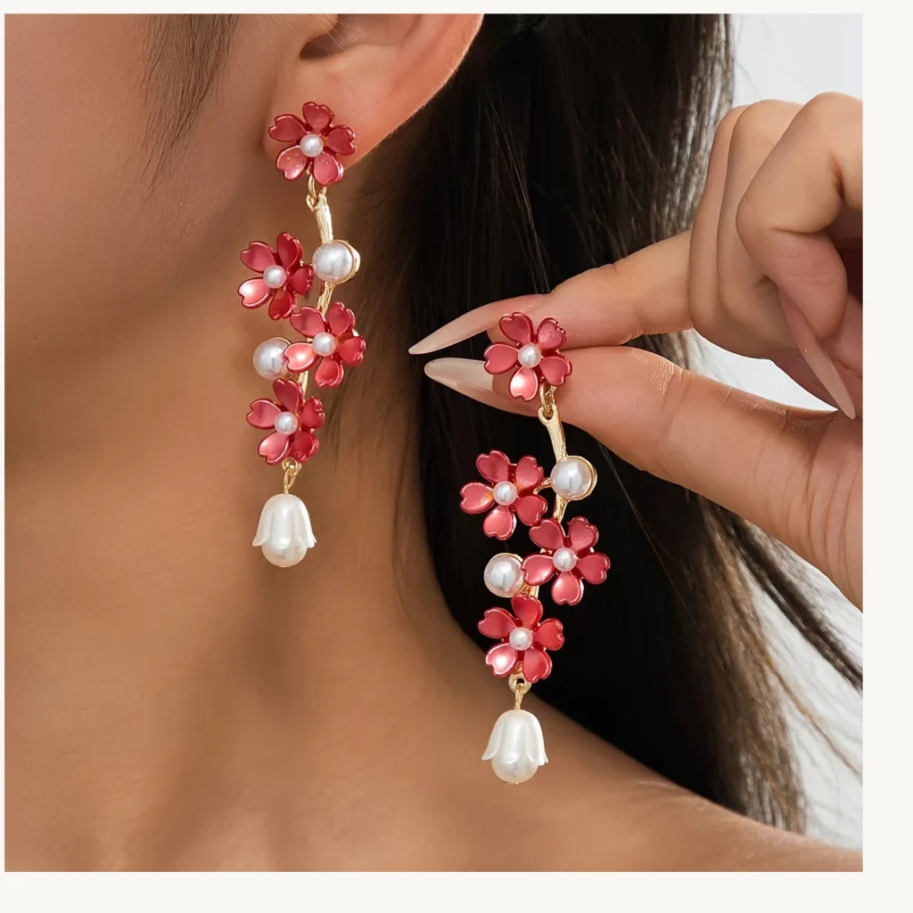 Multicolor Resin Flower Faux Pearl Drop Earrings shown in main product view