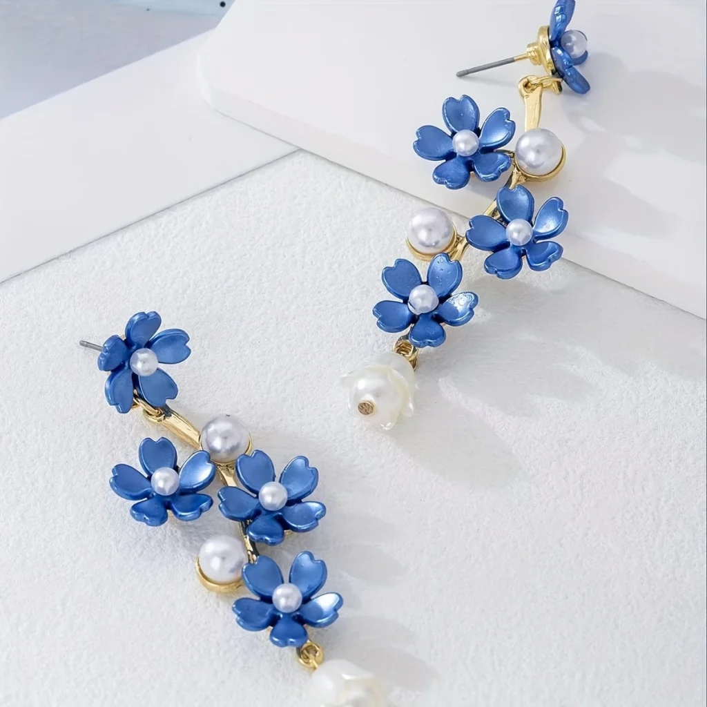 Multicolor Resin Flower Faux Pearl Drop Earrings alternate angle