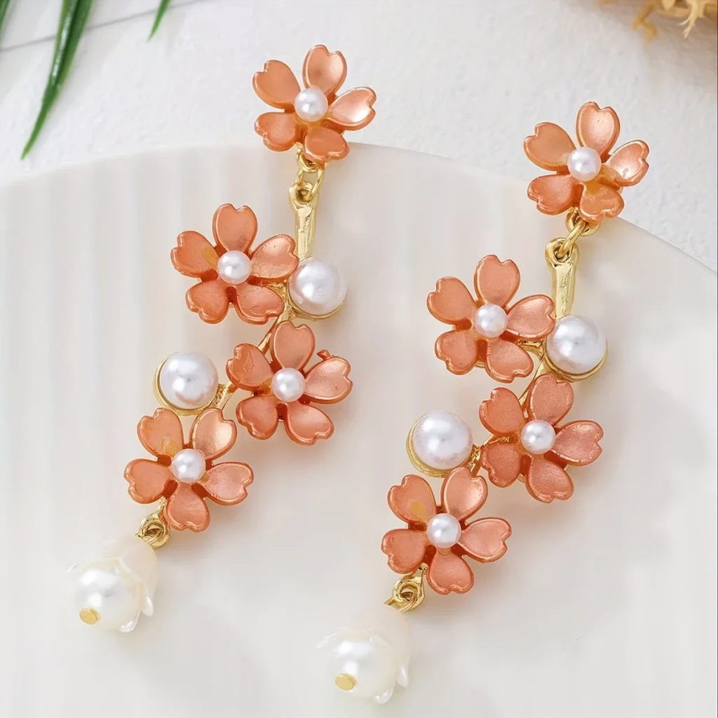 Multicolor Resin Flower Faux Pearl Drop Earrings styled or variant view