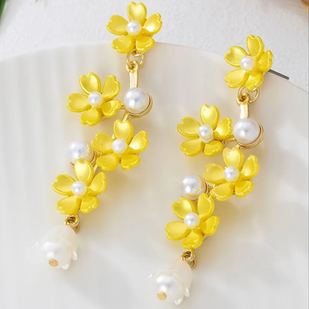 Multicolor Resin Flower Faux Pearl Drop Earrings additional product view
