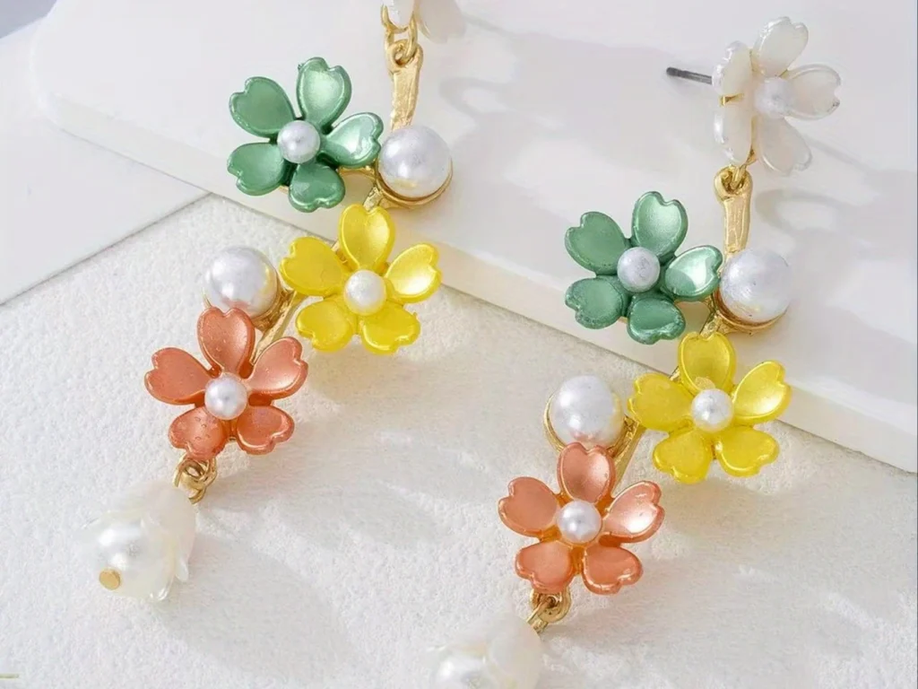 Multicolor Resin Flower Faux Pearl Drop Earrings showing the main design structure
