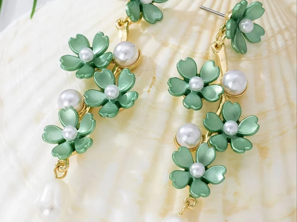 Multicolor Resin Flower Faux Pearl Drop Earrings showing styling or color variation