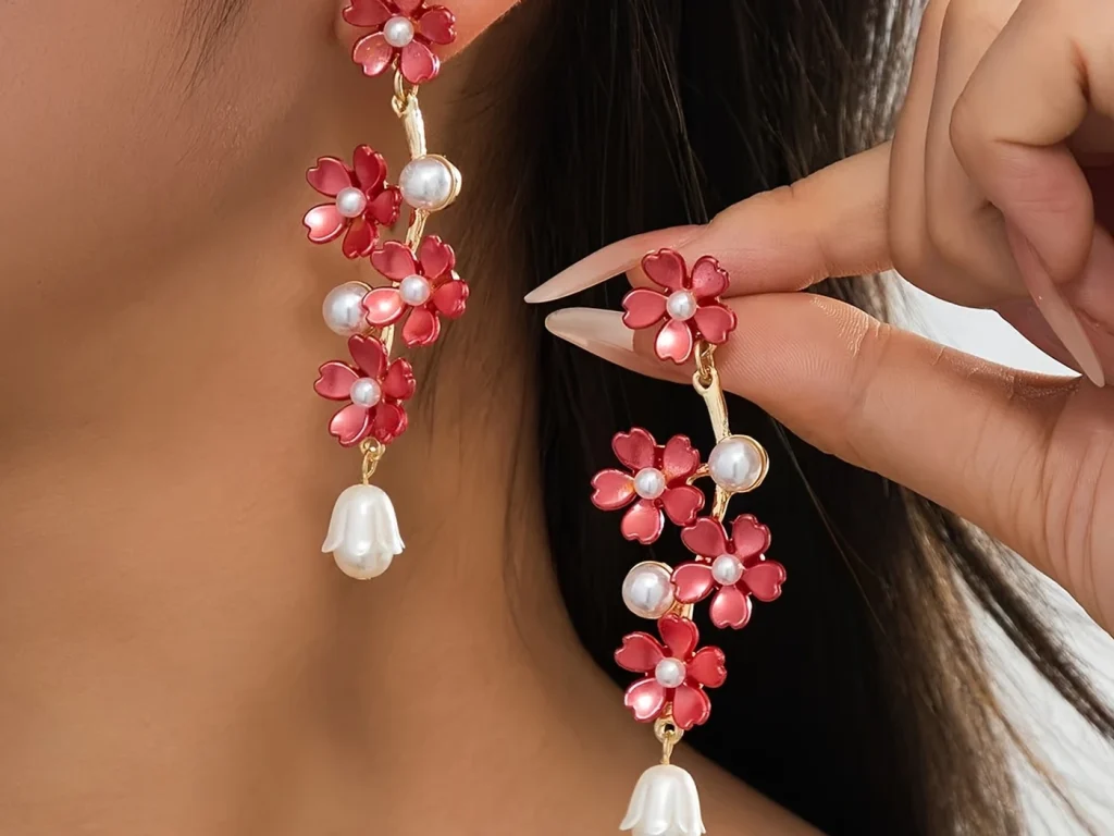 Multicolor Resin Flower Faux Pearl Drop Earrings showing product detail and proportion