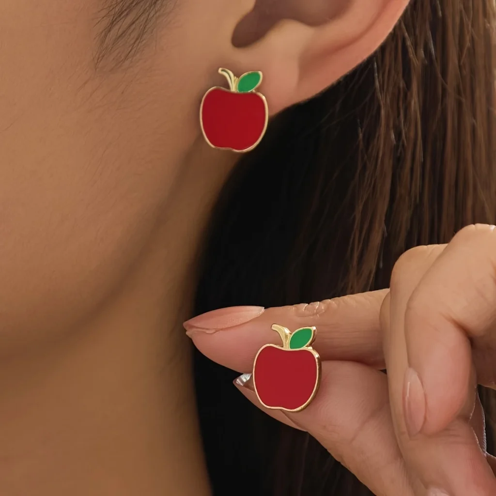 Red Apple Enamel Stud Earrings front product view