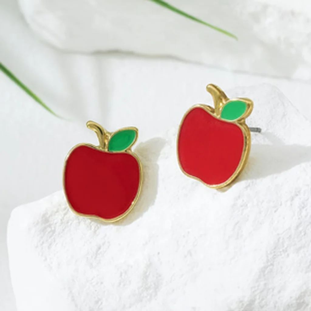 Red Apple Enamel Stud Earrings detail view