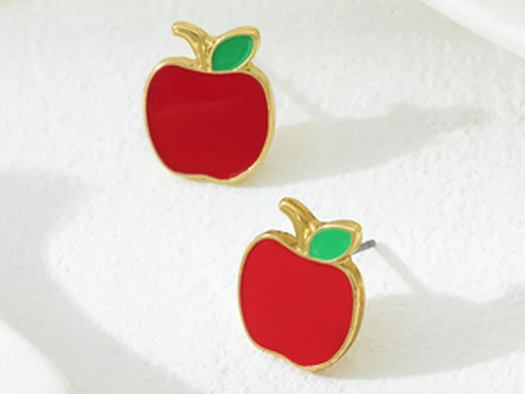 Red Apple Enamel Stud Earrings showing product detail and proportion