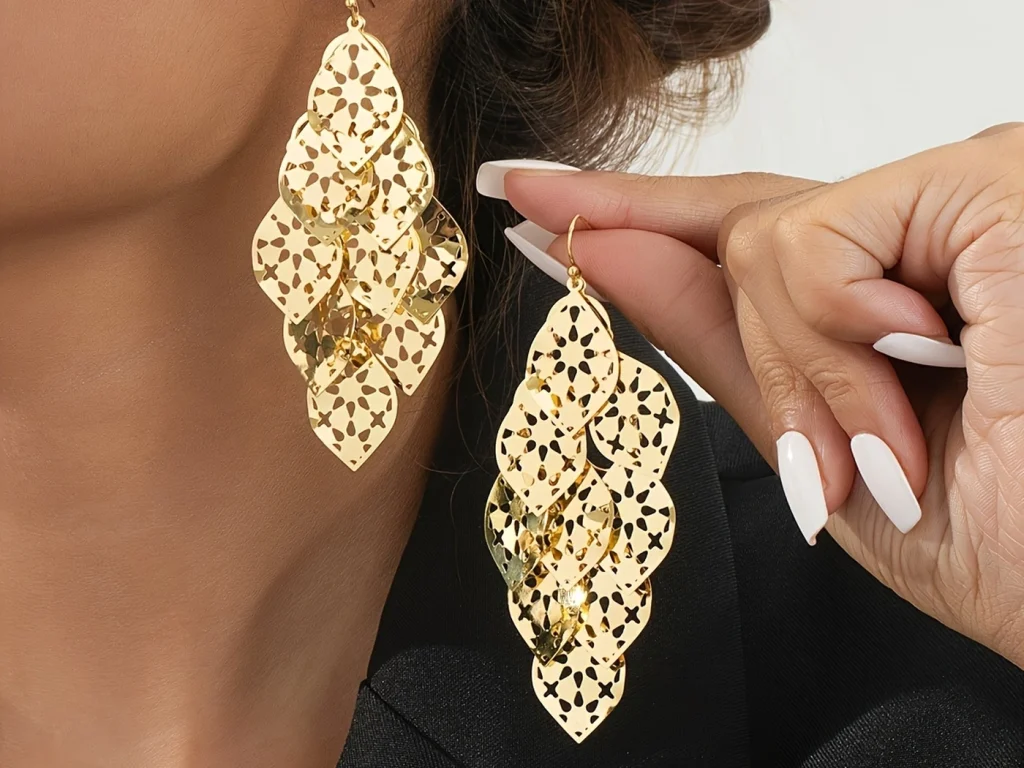 Gold-Tone Filigree Layered Drop Earrings showing product detail and proportion