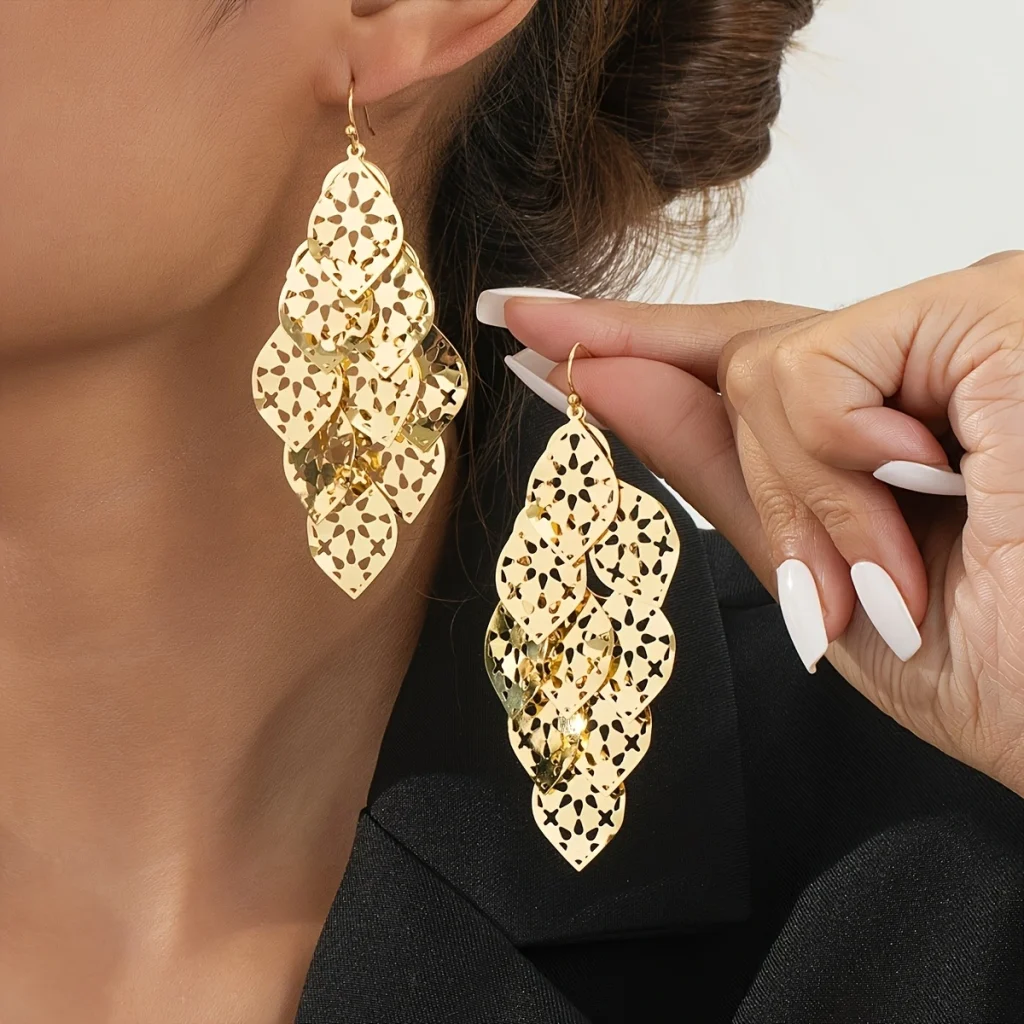 Gold-Tone Filigree Layered Drop Earrings front product view