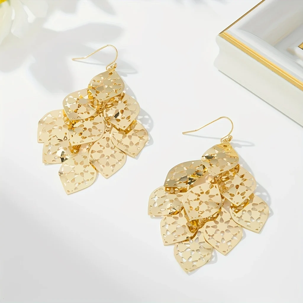 Gold-Tone Filigree Layered Drop Earrings styled or variant view