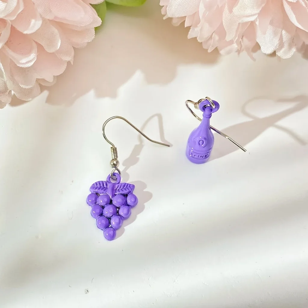 Grape and Wine Bottle Mismatched Drop Earrings alternate angle
