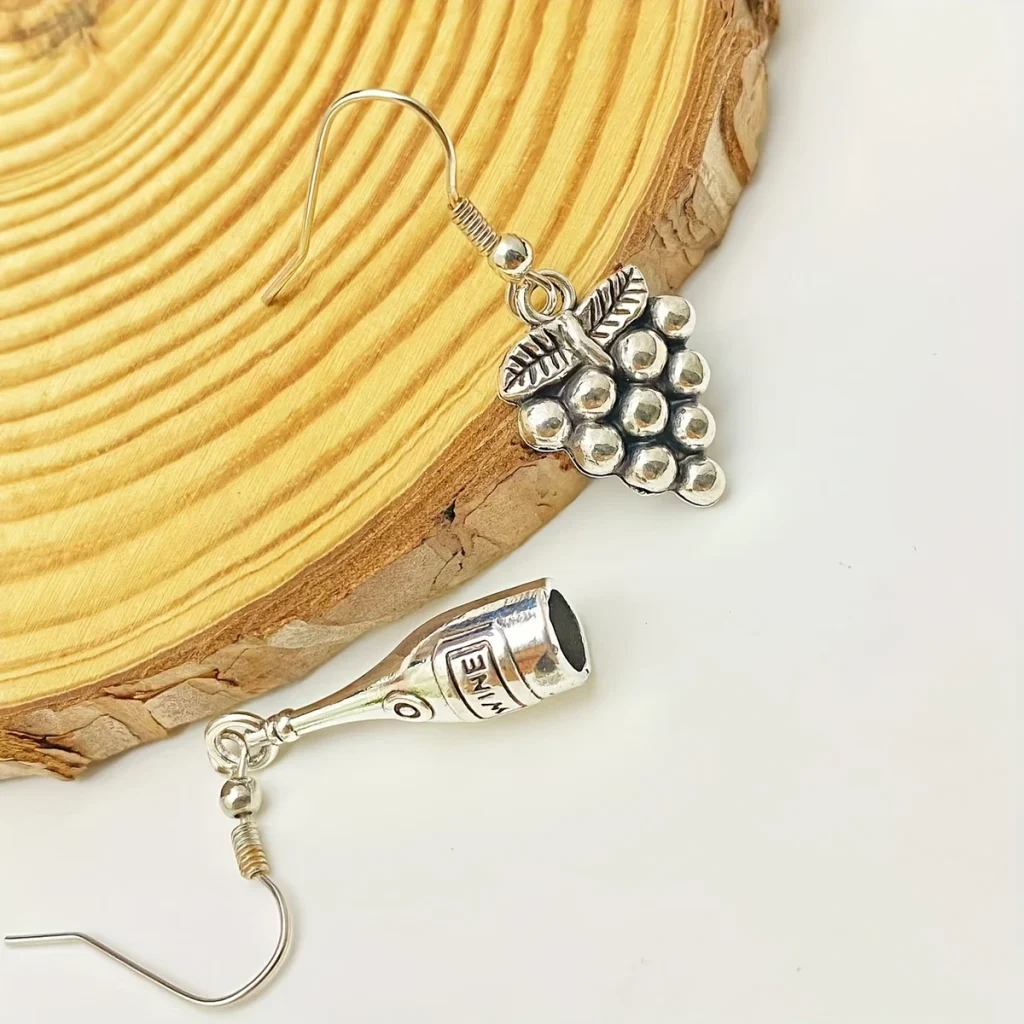 Grape and Wine Bottle Mismatched Drop Earrings detail view